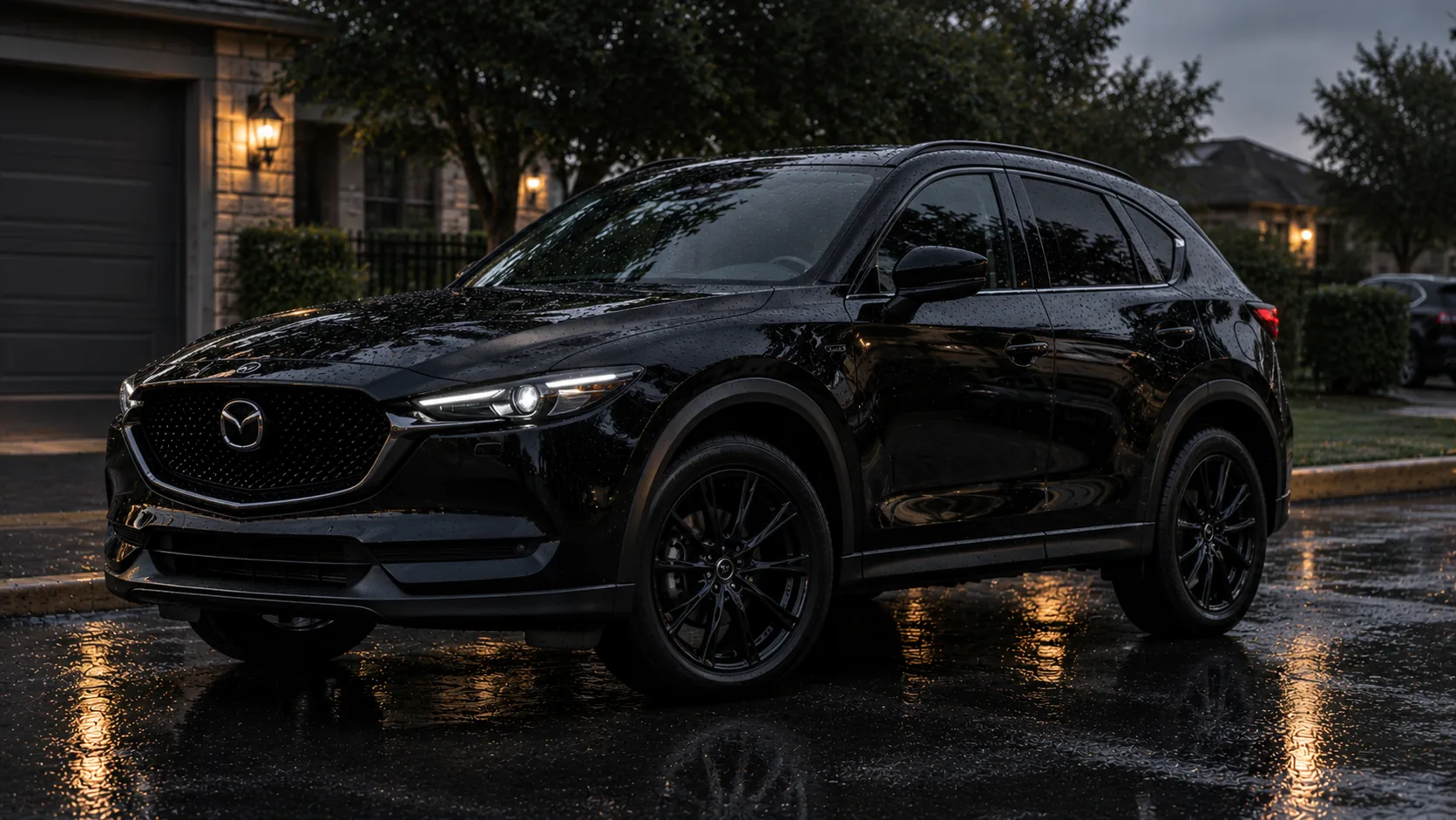 Rain-covered black Mazda CX-5 with headlights on a wet driveway at dusk